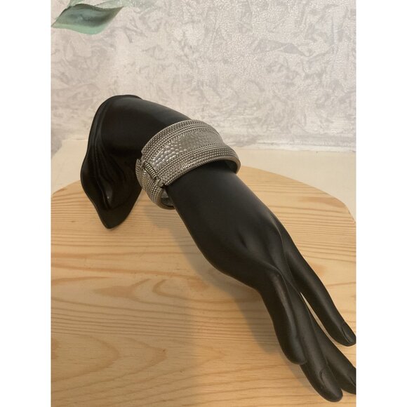 Wide Silver Metal Textured Bangle Bracelet Unique Hammered Braided Design - Picture 4 of 6